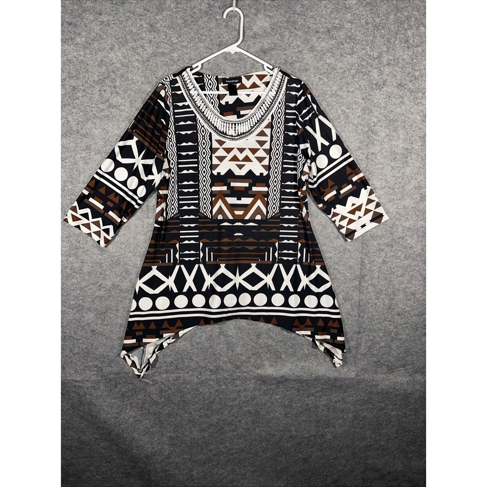 Ashley Stewart Women Top 14/16 Brown White Black African Print 3/4 Sleeve